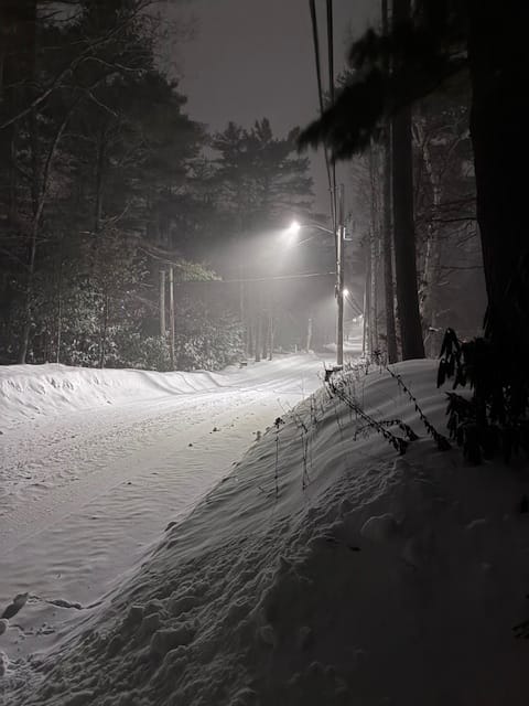 A streetlight illuminates and empty and quiet residential street showing a blanket of fresh fallen snow.